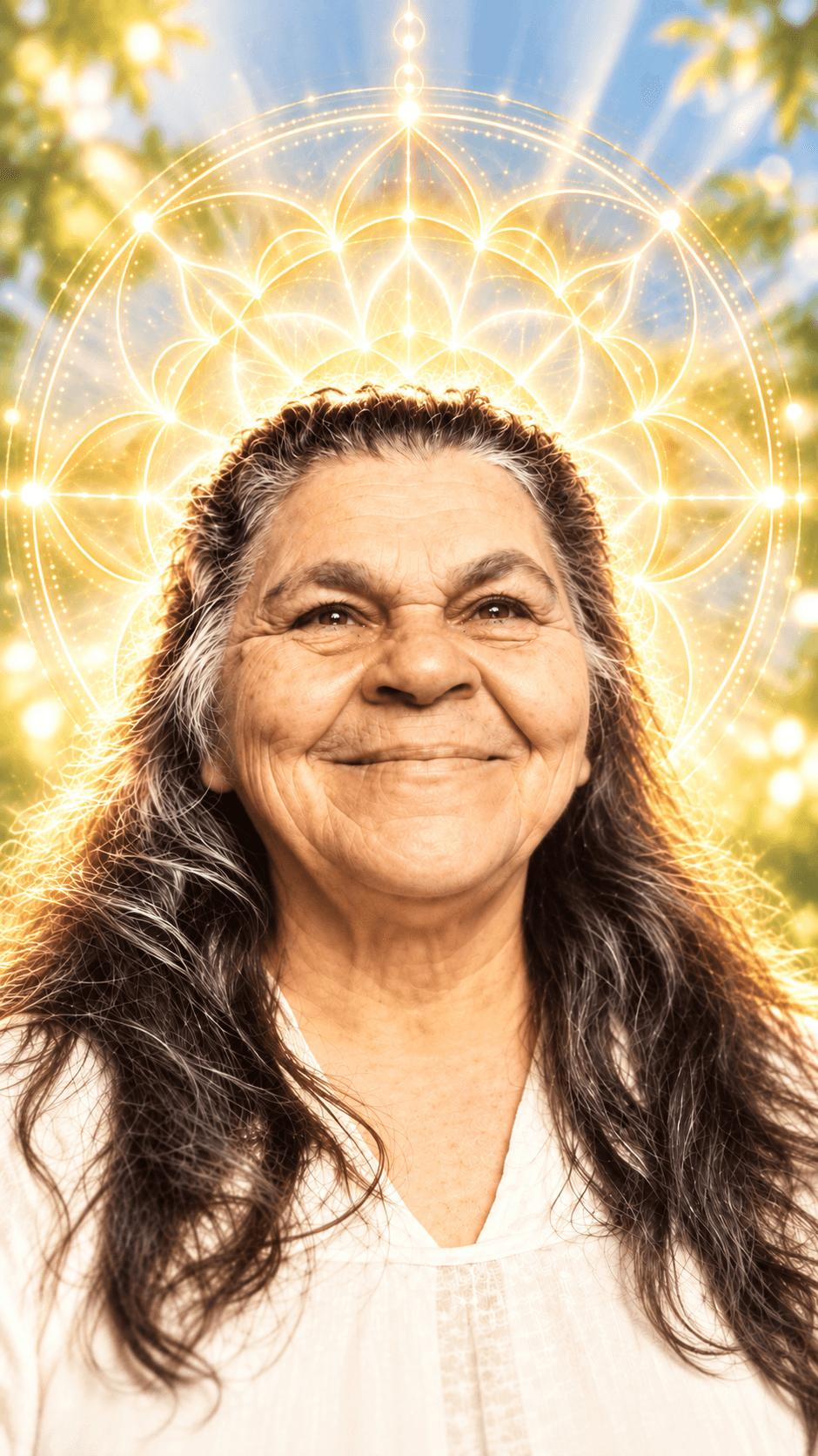 Retrato de uma mulher sorridente em meio a uma luz dourada